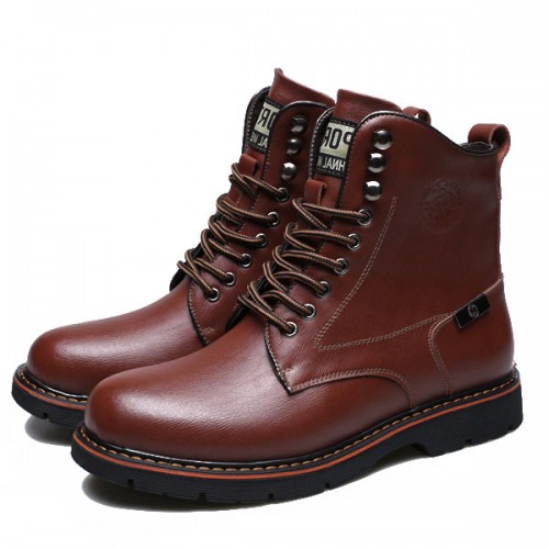 Men Leather Boots Lace Up High Top Fashion Casual Outdoor Flat Shoes