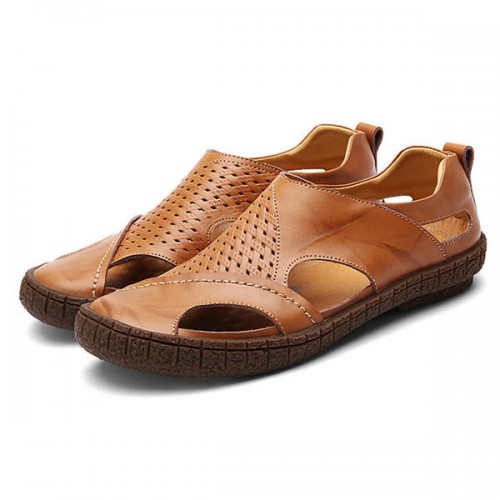 Soft Shoes Men Casual Breathable Genuine Leather Hollow Outs Sandals