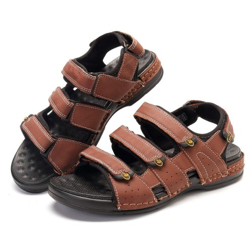 Men Breathable Adjustable Hook Loop Leather Sandals Beach Shoes