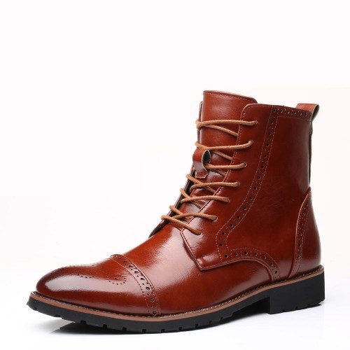 Men Brogue Classic Cowboy Lace Up Mid-calf Boots