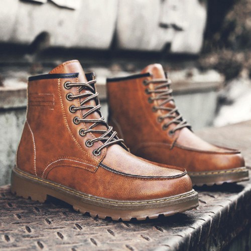 Men Fashion Autumn Lace up Leather Mid-calf Boots